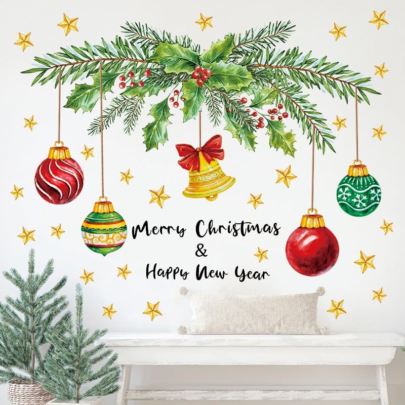 Kasubeso Large Merry Christmas Wall Decals, Peel and Stick Coloful Xmas Bell Light Ball Wall Stickers, Happy New Year Window Clings for Holiday Party Bedroom Living Room Offices Home Decoration - Image 4